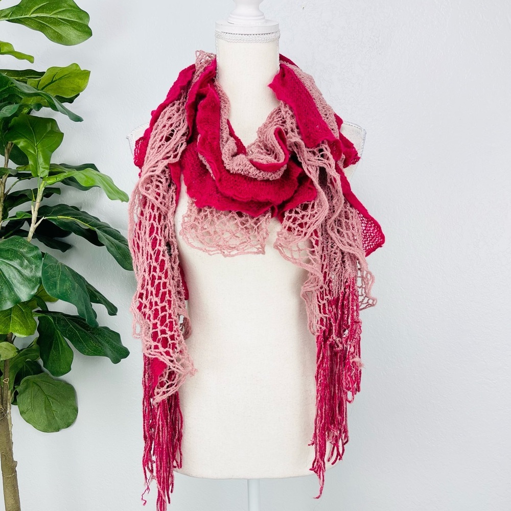 Fuchsia Knit Ruffle Fringe Soft Acrylic Scarf